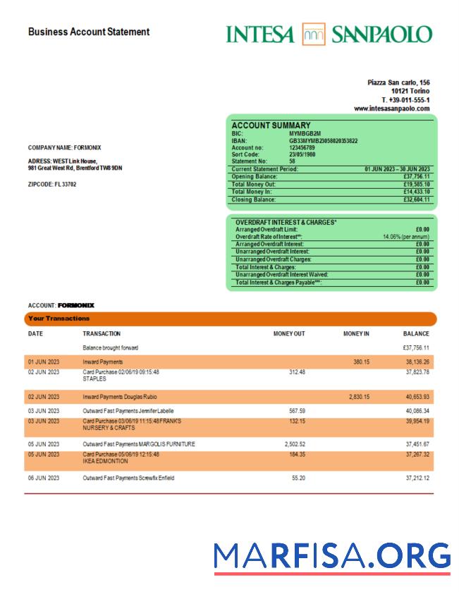 Printable Intesa Sanpaolo Bank enterprise account statement Word and PDF template